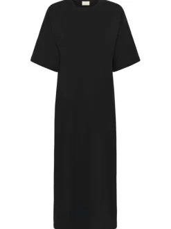 Robe longue en coton noire unie pourvue d'une coupe droite et d'un col rond
