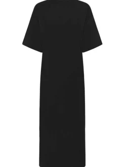 Robe longue en coton noire unie pourvue d'une coupe droite et d'un col rond
