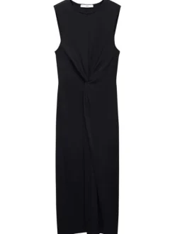 Robe longue en coton noir unie avec une coupe droite et une fente