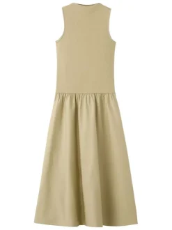 Robe longue en coton olive unie pourvue d'une coupe évasée et d'un col rond