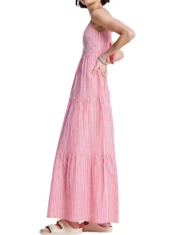 Robe longue en coton rose à coupe ample pourvue d'un col rond