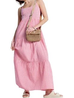 Robe longue en coton rose à coupe ample pourvue d'un col rond