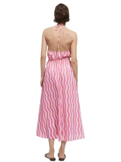 Robe longue en coton rose imprimé vagues avec coupe évasée et col carré