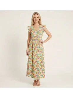 Robe longue en coton verte florale pourvue d'une coupe ample