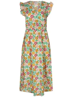 Robe longue en coton verte florale pourvue d'une coupe ample