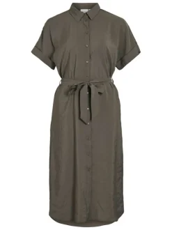 Robe longue grise uni avec un col chemise et des manches courtes