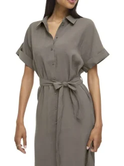 Robe longue grise uni avec un col chemise et des manches courtes