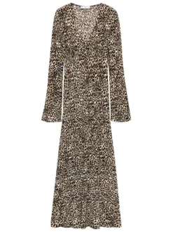 Robe longue à imprimé léopard avec une coupe droite et un col v
