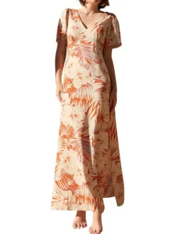 Robe longue Isalys orange fleurie à coupe trapèze col v et à manches courtes