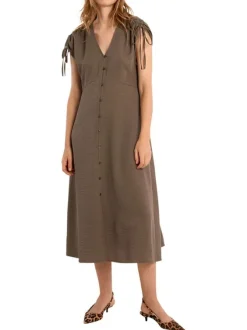 Robe longue kaki unie pourvue d'une coupe évasée et de manches courtes