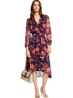 Robe longue marine fleurie à coupe ajustée col v et à manches longues