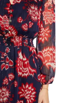 Robe longue marine fleurie à coupe ajustée col v et à manches longues