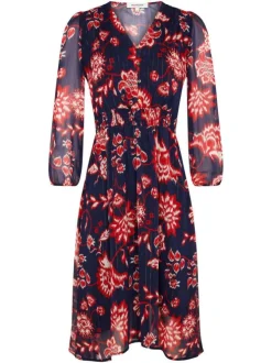 Robe longue marine fleurie à coupe ajustée col v et à manches longues