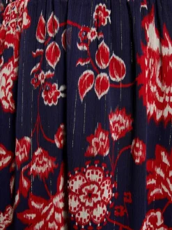 Robe longue marine fleurie à coupe ajustée col v et à manches longues