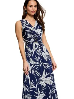Robe longue marine sans manche à coupe cintrée pourvue d'un col v croisé