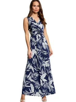Robe longue marine sans manche à coupe cintrée pourvue d'un col v croisé