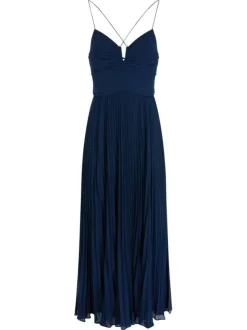 Robe longue marine unie avec une coupe évasée et un col en V
