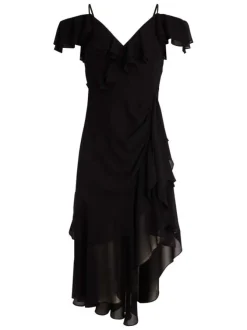 Robe longue marine unie pourvue d’une coupe asymétrique et d’un col en V