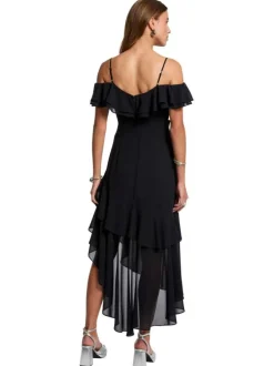 Robe longue marine unie pourvue d’une coupe asymétrique et d’un col en V