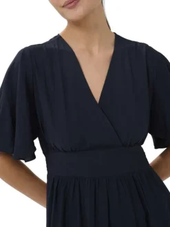 Robe longue marine unie pourvue d'une coupe cintrée avec une taille élastiquée