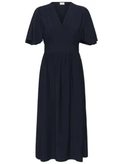 Robe longue marine unie pourvue d'une coupe cintrée avec une taille élastiquée