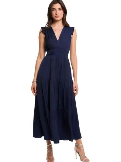 Robe longue marine unie pourvue d'une coupe évasée et d'un col en V