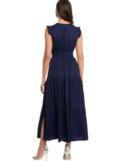 Robe longue marine unie pourvue d'une coupe évasée et d'un col en V