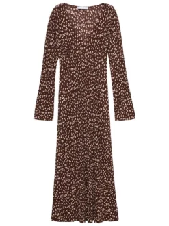 Robe longue marron à imprimé floral avec une coupe droite et un col v