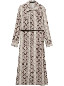Robe longue marron à imprimé serpent droite, à col français et à manches longues