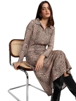 Robe longue à motif léopard avec une coupe évasée et un col V