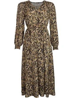 Robe longue multicolore à imprimé, cintrée avec col v à manches longues
