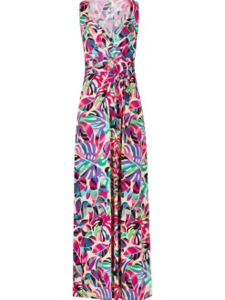 Robe longue multicolore à imprimé végétal, coupe cintrée, col v et sans manches