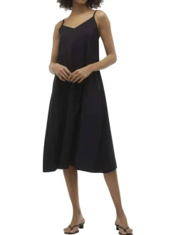Robe longue noire coupe droite pourvue de bretelles réglables