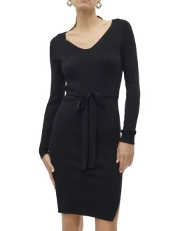 Robe longue noire côtelée avec une coupe près du corps et un col v arrondi