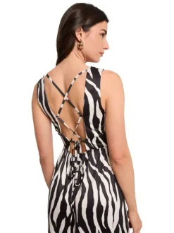 Robe longue noire et blanche à coupe droite ornée d'un motif animalier