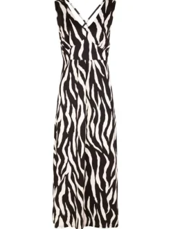 Robe longue noire et blanche à coupe droite ornée d'un motif animalier