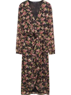 Robe longue noire fleuri avec une coupe midi et un col cache-coeur