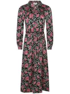 Robe longue noire fleurie avec une coupe droite col italien et à manches longues