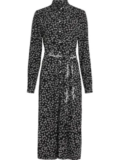 Robe longue noire fleurie coupe cintrée col français et à manches longues