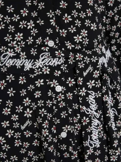 Robe longue noire fleurie coupe cintrée col français et à manches longues