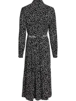 Robe longue noire fleurie coupe cintrée col français et à manches longues