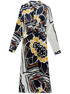 Robe longue noire fleurie à coupe midi avec col français et à manches longues