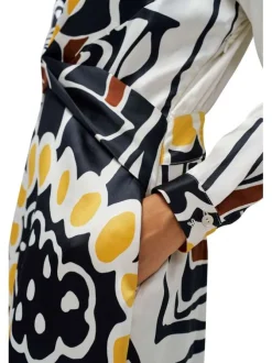 Robe longue noire fleurie à coupe midi avec col français et à manches longues