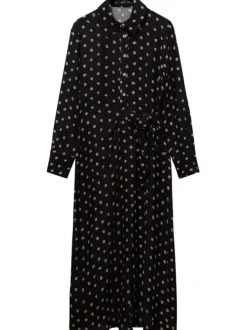 Robe longue noire imprimée avec une coupe droite à col français