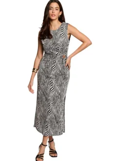 Robe longue noire à motifs pourvue d'une coupe moulante et d'un col rond