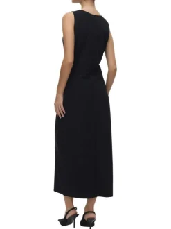 Robe longue noire unie avec col rond et effet drapé à l'avant