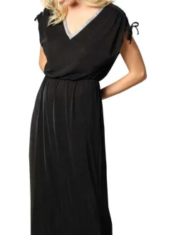 Robe longue noire unie resserrée à la taille à coupe droite fluide et à col v