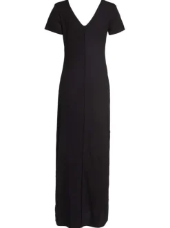 Robe longue noire unie texturée avec coupe droite col v et à manches courtes