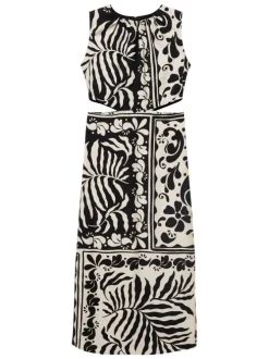 Robe longue noir imprimée avec une coupe droite à col rond et sans manches