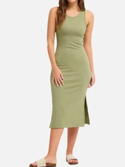 Robe longue olive uni avec une coupe ajustée et à sans manche